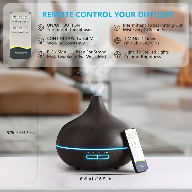 550ml Aromatherapy Essential Oil Diffuser Wood Grain Remote Control Ultrasonic Air Humidifier Cool 7 Color LED Light With 6 Oils