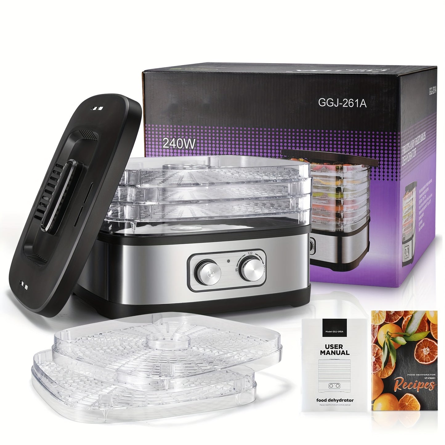 240W Stainless Steel Food Dehydrator with Temperature Control, 5 BPA-Free Trays, Dishwasher Safe Electric Dryer for Jerky, Fruits, Veggies & Herbs, Includes Recipe Book, US Plug, 120V, Dehydrators for Food