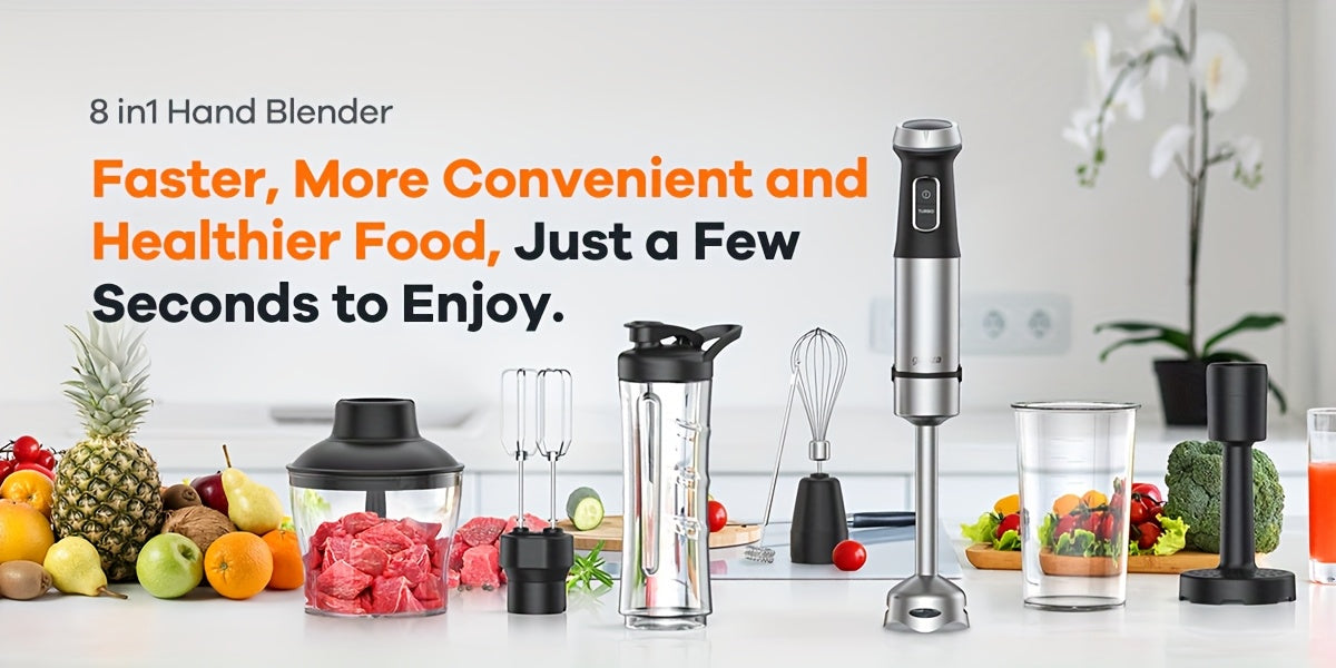 8 In 1 Immersion Blender, - 1000W Heavy Duty Motor, Meat Chopper, 16 Speed Mode Handheld Blender With Stainless Steel Shaft - Includes 8 Total Pieces, Kitchen Must Haves