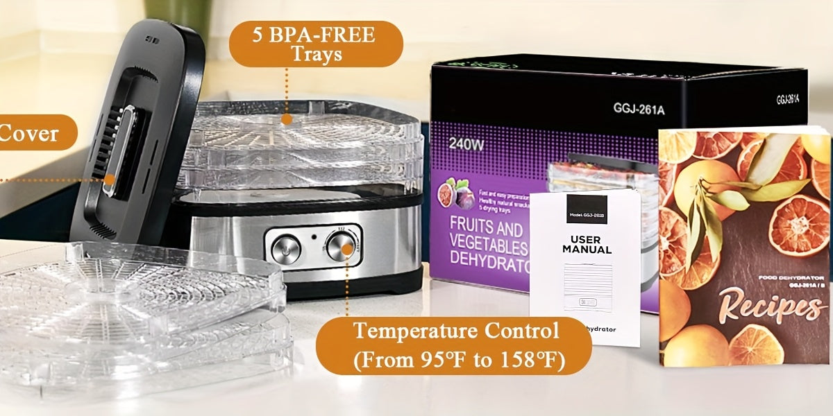 240W Stainless Steel Food Dehydrator with Temperature Control, 5 BPA-Free Trays, Dishwasher Safe Electric Dryer for Jerky, Fruits, Veggies & Herbs, Includes Recipe Book, US Plug, 120V, Dehydrators for Food