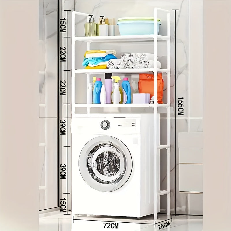 Space-Saving Metal and Plastic Laundry Rack - No Drilling Required, Multi-Tier Washing Machine Top Storage Box with Bathroom Organizer Shelves, Ideal for Towels, Toiletries and Dryer Accessories, Durable Metal Frame, Minimali