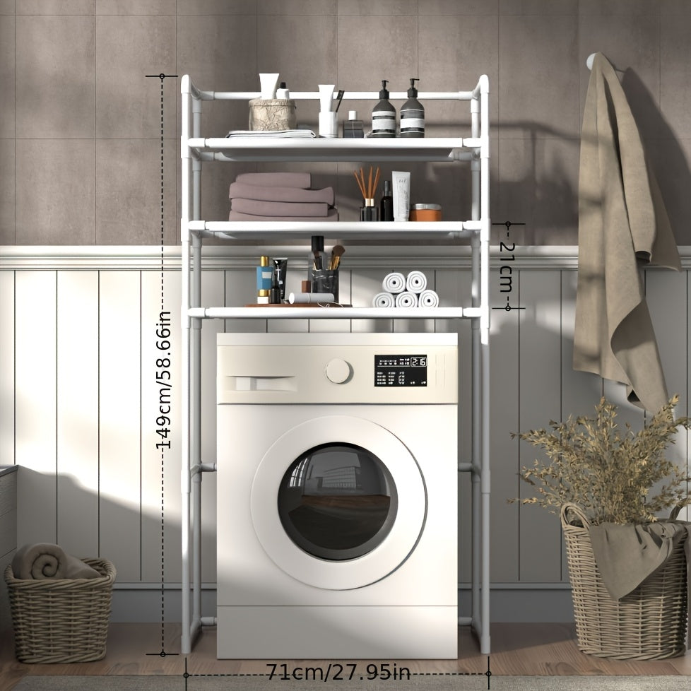 Space-Saving Metal and Plastic Laundry Rack - No Drilling Required, Multi-Tier Washing Machine Top Storage Box with Bathroom Organizer Shelves, Ideal for Towels, Toiletries and Dryer Accessories, Durable Metal Frame, Minimali