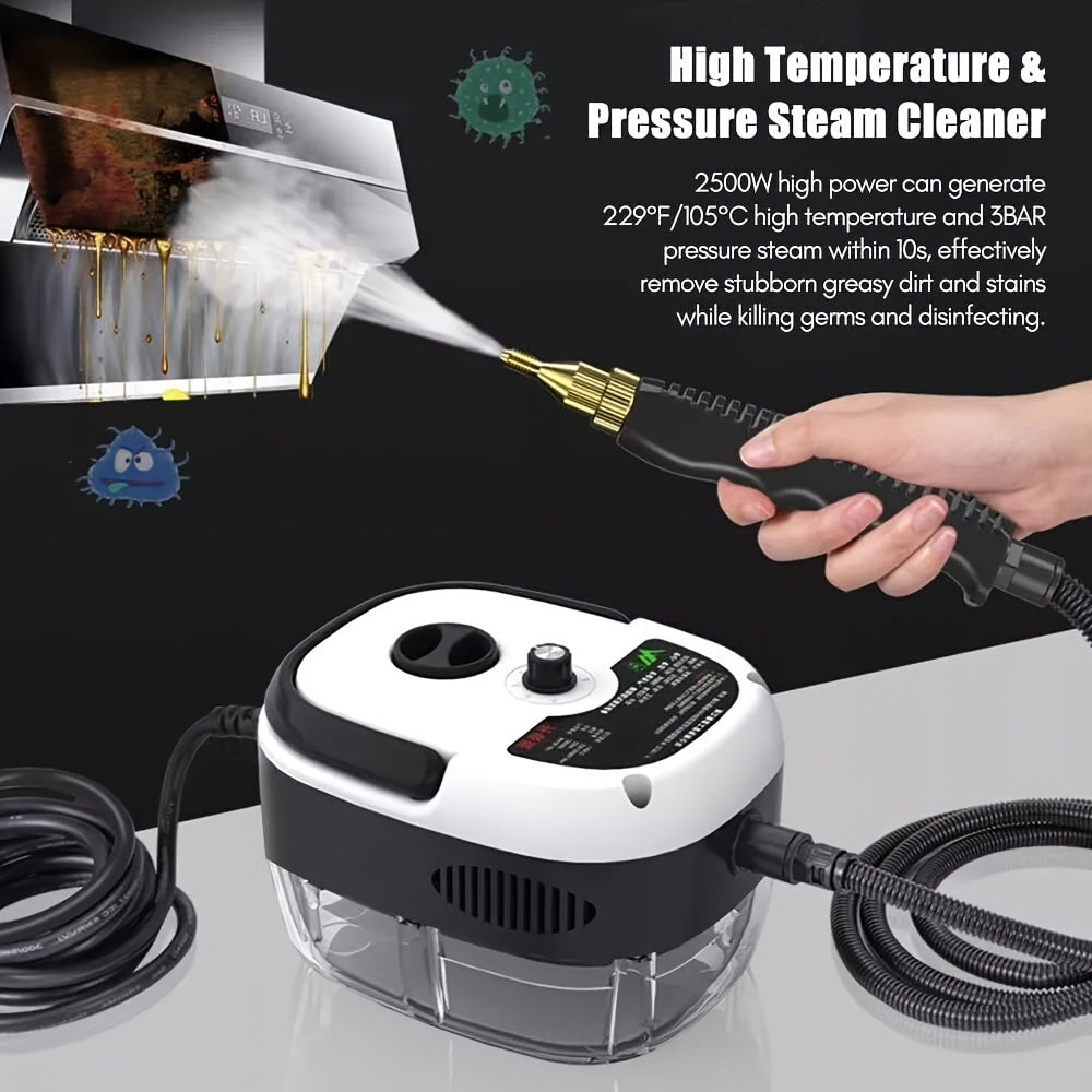 1pc 2500W High-Power Portable Handheld Steam Cleaner with Adjustable Temperature & Pressure - Quick Heating, 6 Brush Heads for Versatile Cleaning in Kitchens, Bathrooms, Furniture & Cars - US Plug, Large Capacity Water Tank,