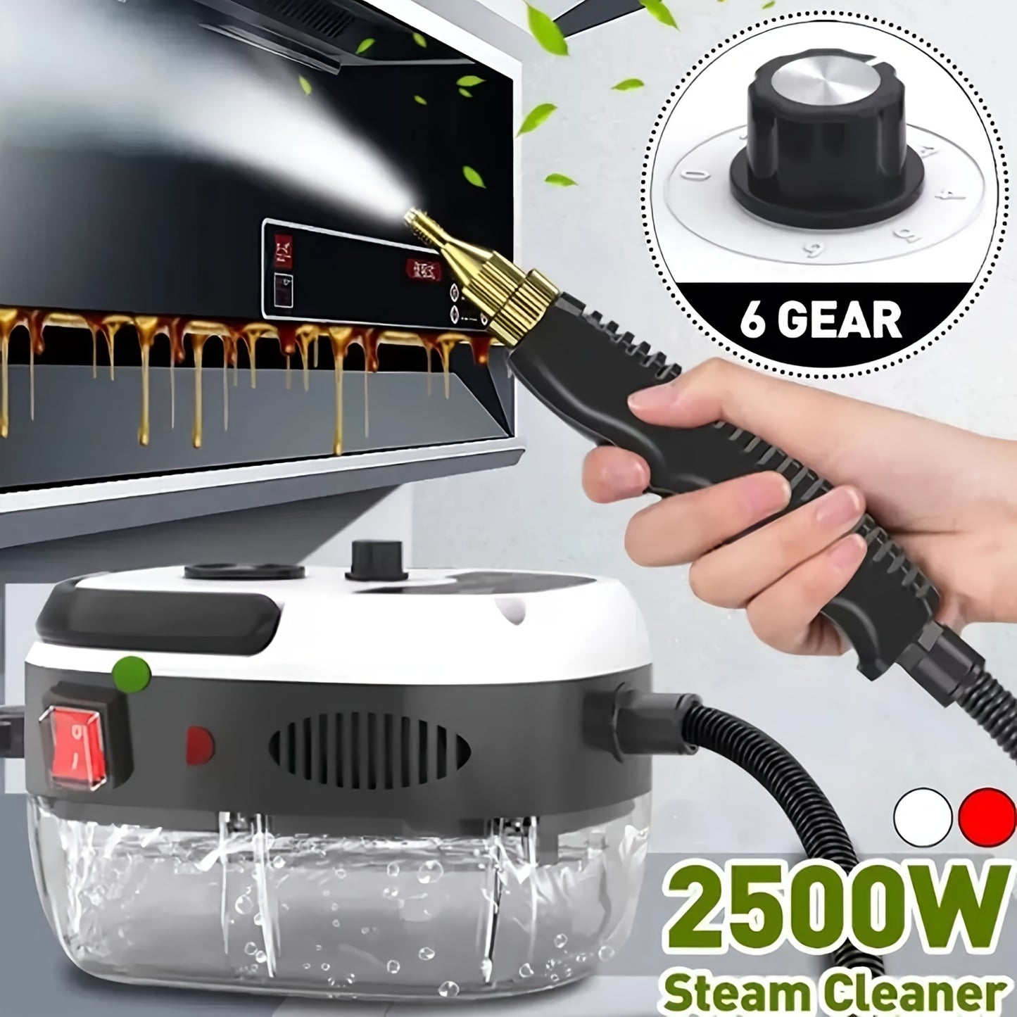 1pc 2500W High-Power Portable Handheld Steam Cleaner with Adjustable Temperature & Pressure - Quick Heating, 6 Brush Heads for Versatile Cleaning in Kitchens, Bathrooms, Furniture & Cars - US Plug, Large Capacity Water Tank,