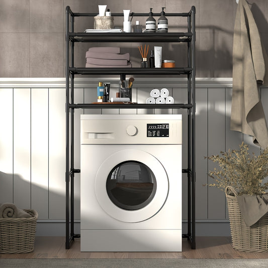 Space-Saving Metal and Plastic Laundry Rack - No Drilling Required, Multi-Tier Washing Machine Top Storage Box with Bathroom Organizer Shelves, Ideal for Towels, Toiletries and Dryer Accessories, Durable Metal Frame, Minimali