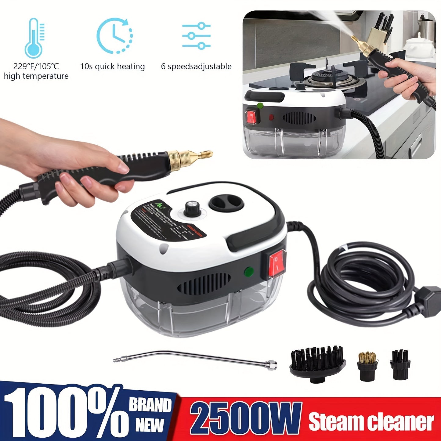 1pc 2500W High-Power Portable Handheld Steam Cleaner with Adjustable Temperature & Pressure - Quick Heating, 6 Brush Heads for Versatile Cleaning in Kitchens, Bathrooms, Furniture & Cars - US Plug, Large Capacity Water Tank,