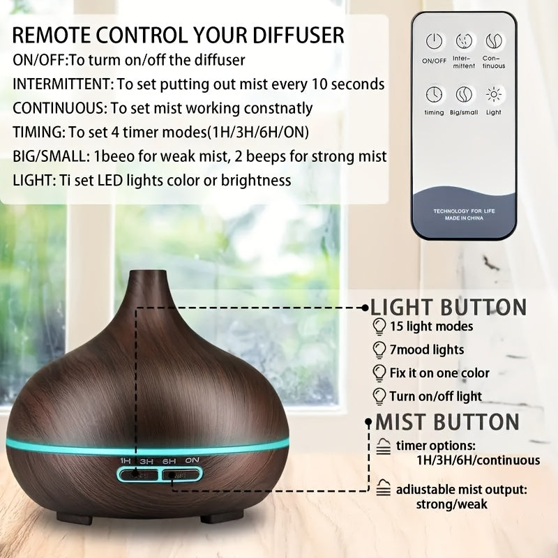 550ml Aromatherapy Essential Oil Diffuser Wood Grain Remote Control Ultrasonic Air Humidifier Cool 7 Color LED Light With 6 Oils