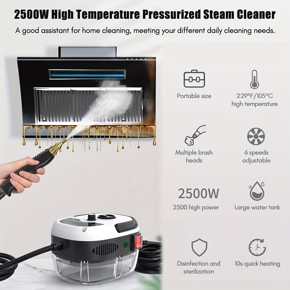 1pc 2500W High-Power Portable Handheld Steam Cleaner with Adjustable Temperature & Pressure - Quick Heating, 6 Brush Heads for Versatile Cleaning in Kitchens, Bathrooms, Furniture & Cars - US Plug, Large Capacity Water Tank,