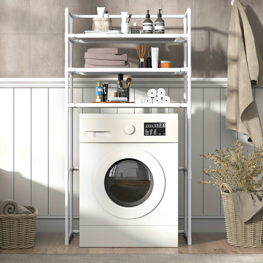 Space-Saving Metal and Plastic Laundry Rack - No Drilling Required, Multi-Tier Washing Machine Top Storage Box with Bathroom Organizer Shelves, Ideal for Towels, Toiletries and Dryer Accessories, Durable Metal Frame, Minimali