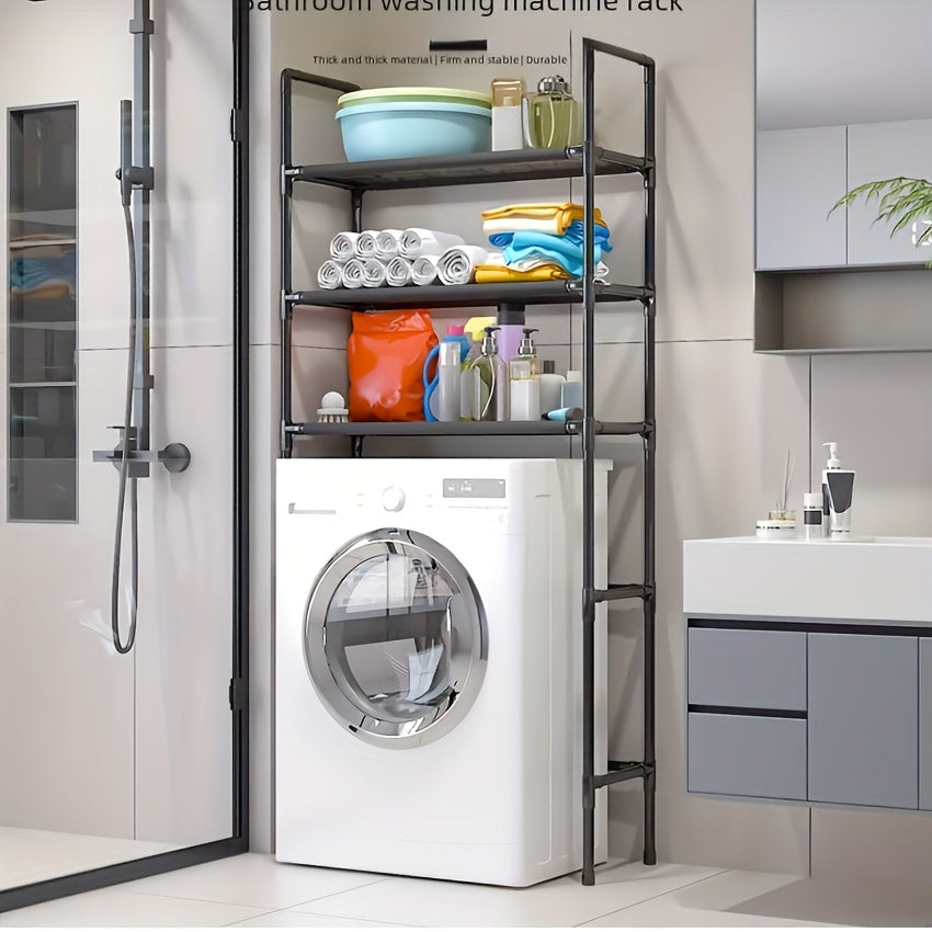 Space-Saving Metal and Plastic Laundry Rack - No Drilling Required, Multi-Tier Washing Machine Top Storage Box with Bathroom Organizer Shelves, Ideal for Towels, Toiletries and Dryer Accessories, Durable Metal Frame, Minimali