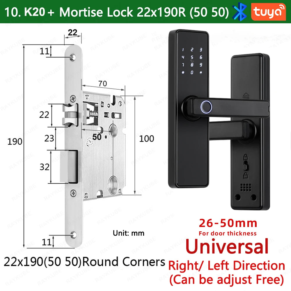 RAYKUBE K20 9-language Biometric Fingerprint Door Lock Electronic Door Lock with Tuya APP/IC Card/Password/ Key Unlock