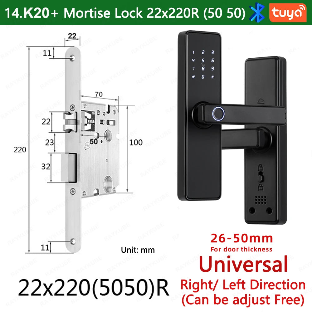 RAYKUBE K20 9-language Biometric Fingerprint Door Lock Electronic Door Lock with Tuya APP/IC Card/Password/ Key Unlock