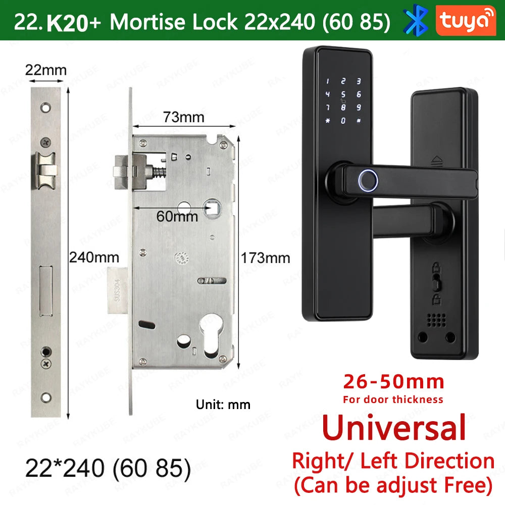RAYKUBE K20 9-language Biometric Fingerprint Door Lock Electronic Door Lock with Tuya APP/IC Card/Password/ Key Unlock