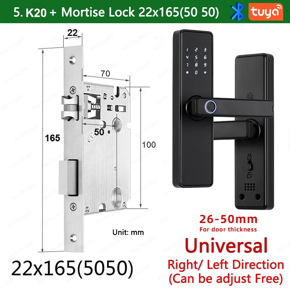 RAYKUBE K20 9-language Biometric Fingerprint Door Lock Electronic Door Lock with Tuya APP/IC Card/Password/ Key Unlock