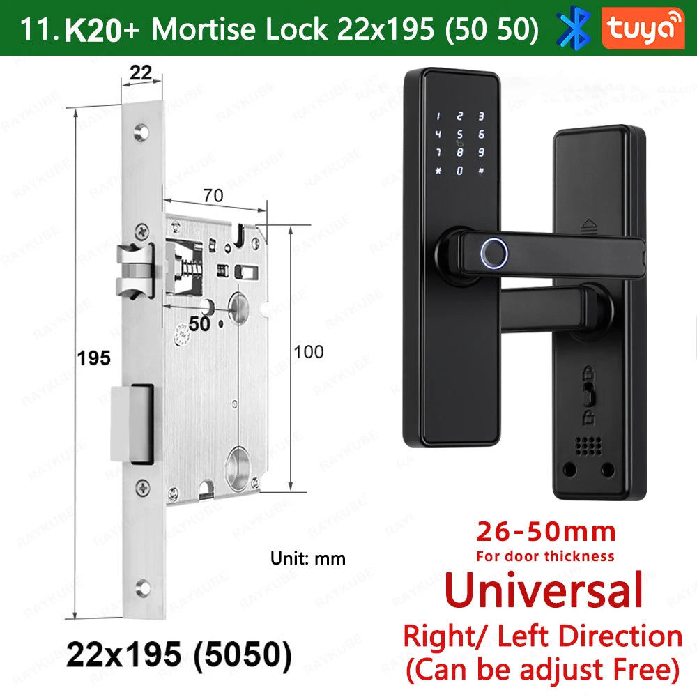 RAYKUBE K20 9-language Biometric Fingerprint Door Lock Electronic Door Lock with Tuya APP/IC Card/Password/ Key Unlock