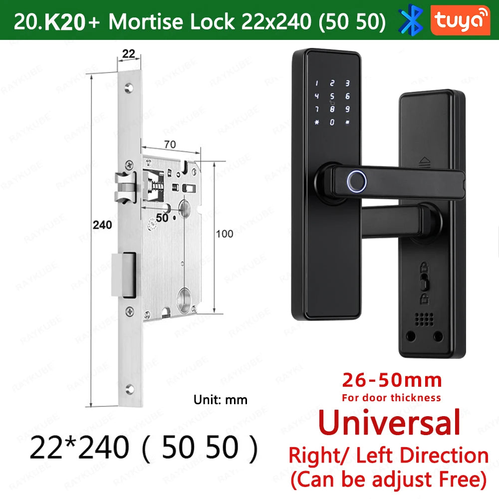 RAYKUBE K20 9-language Biometric Fingerprint Door Lock Electronic Door Lock with Tuya APP/IC Card/Password/ Key Unlock