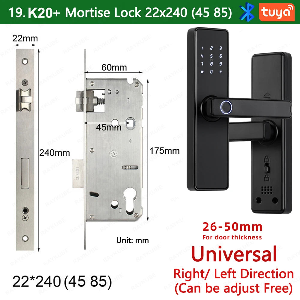 RAYKUBE K20 9-language Biometric Fingerprint Door Lock Electronic Door Lock with Tuya APP/IC Card/Password/ Key Unlock