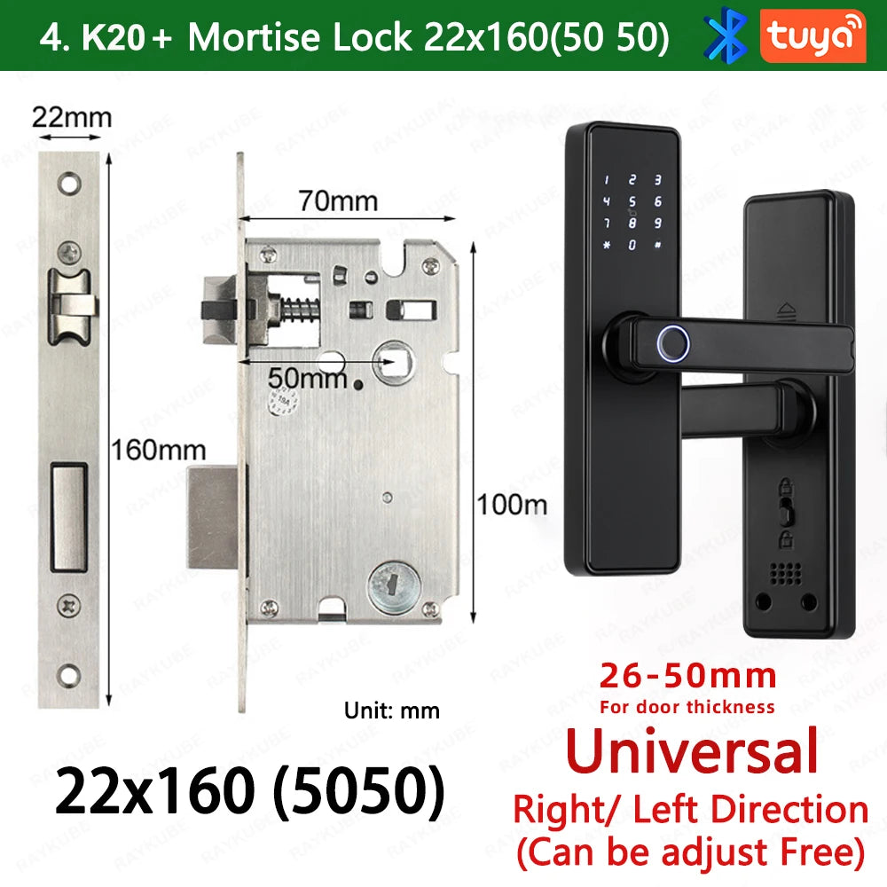 RAYKUBE K20 9-language Biometric Fingerprint Door Lock Electronic Door Lock with Tuya APP/IC Card/Password/ Key Unlock