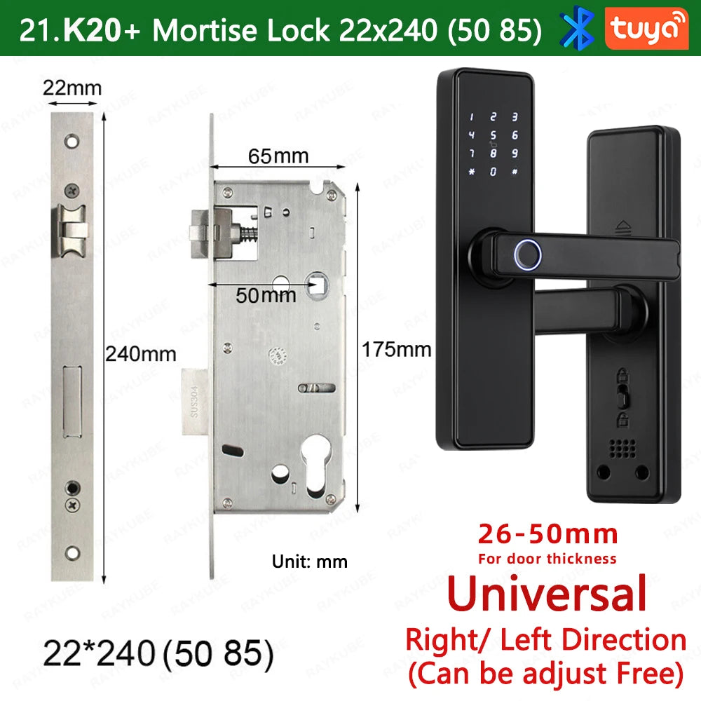 RAYKUBE K20 9-language Biometric Fingerprint Door Lock Electronic Door Lock with Tuya APP/IC Card/Password/ Key Unlock