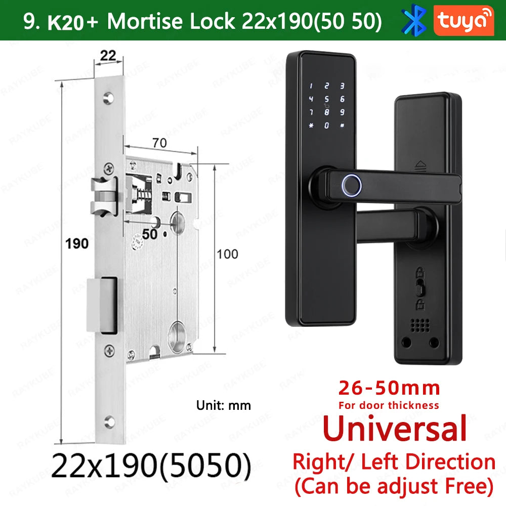 RAYKUBE K20 9-language Biometric Fingerprint Door Lock Electronic Door Lock with Tuya APP/IC Card/Password/ Key Unlock