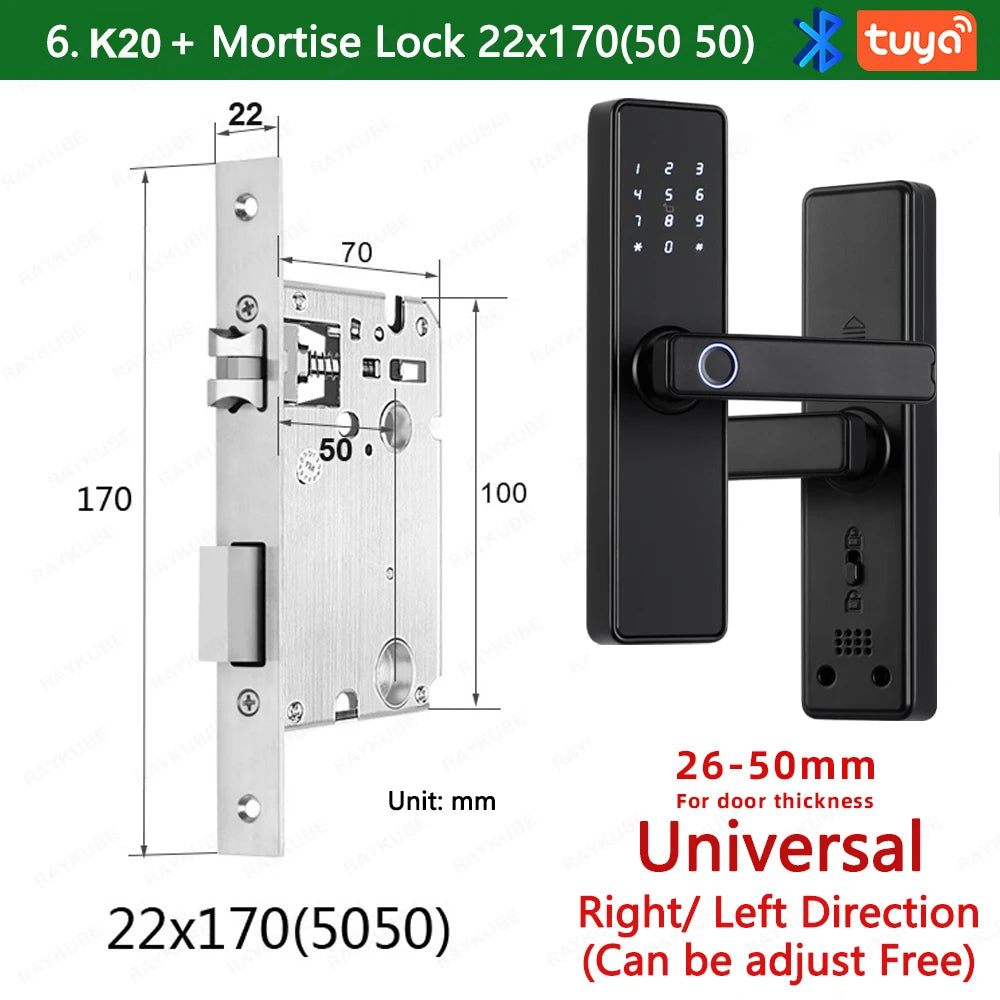RAYKUBE K20 9-language Biometric Fingerprint Door Lock Electronic Door Lock with Tuya APP/IC Card/Password/ Key Unlock