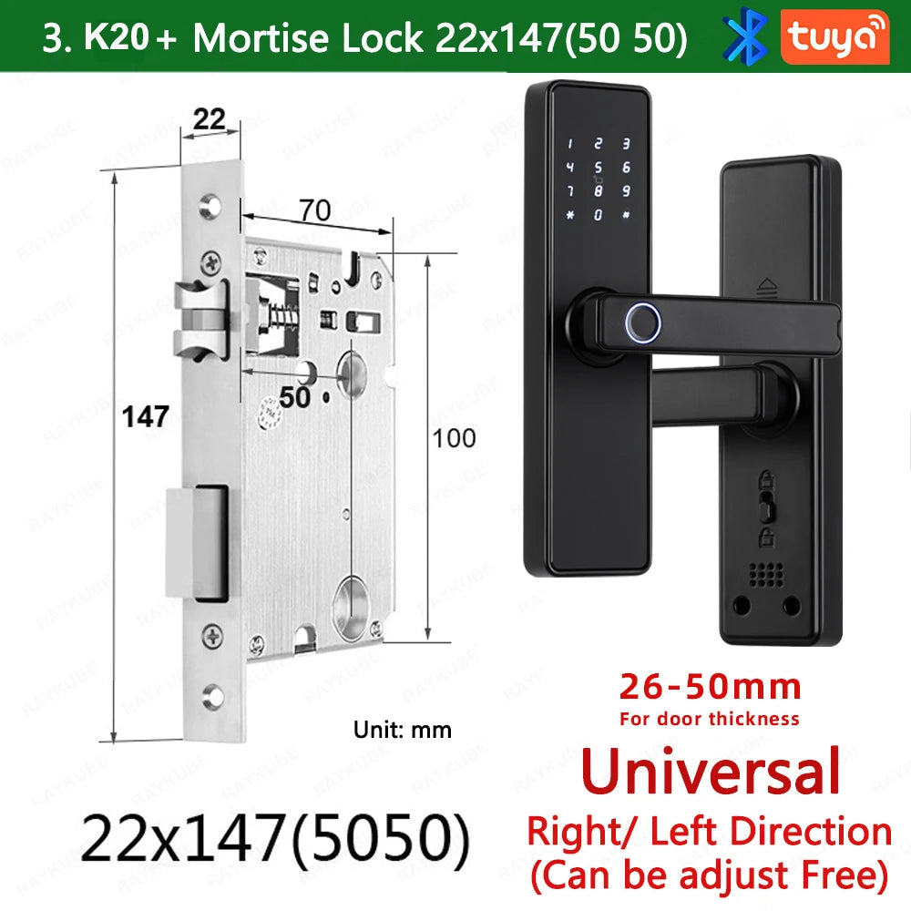 RAYKUBE K20 9-language Biometric Fingerprint Door Lock Electronic Door Lock with Tuya APP/IC Card/Password/ Key Unlock