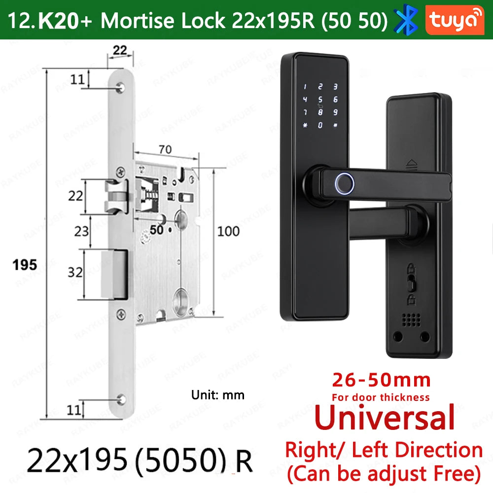 RAYKUBE K20 9-language Biometric Fingerprint Door Lock Electronic Door Lock with Tuya APP/IC Card/Password/ Key Unlock