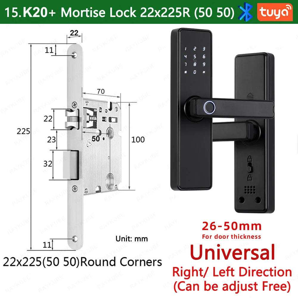 RAYKUBE K20 9-language Biometric Fingerprint Door Lock Electronic Door Lock with Tuya APP/IC Card/Password/ Key Unlock