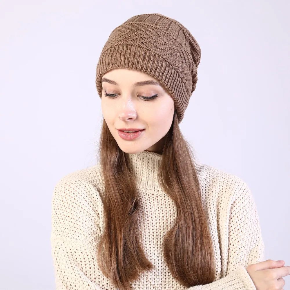 fashion women stretchy knitted Skullies Beanies Hat solid snood scarf warm Beanie For womem Autumn winter Female Beanie cap