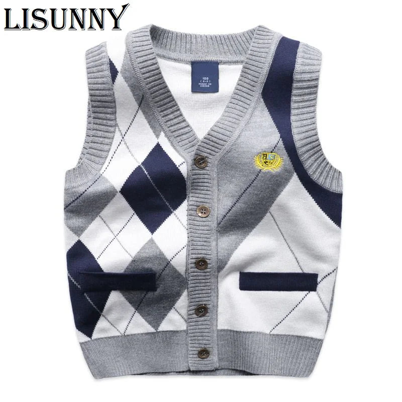 Autumn Spring New Kids Boy Sweater Vest Children Clothing Plaid Stitching Coat Baby Cotton thick top Boys Cardigan Vest