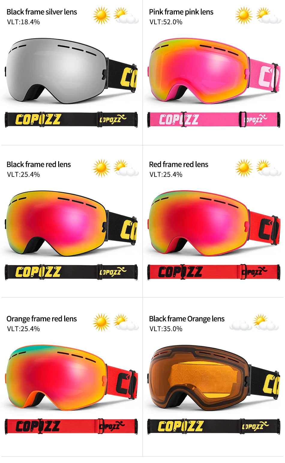 COPOZZ Men Women Brand Ski Goggles Snowboard Goggles Glasses For Skiing UV400 Protection Snow Glasses Anti-Fog Ski Mask Eyewear