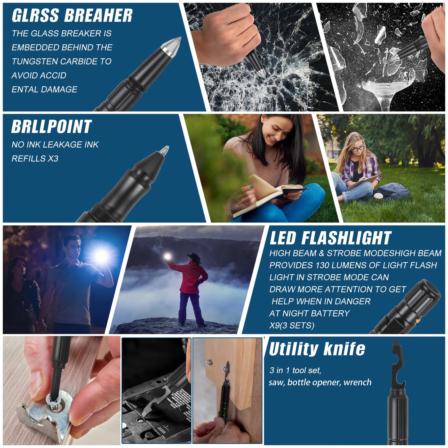 10-In-1 Multi Function Tactical Pen Emergency Flashlight Screwdriver Bottle Opener Outdoor Survival Self Defense Rescue EDC Tool