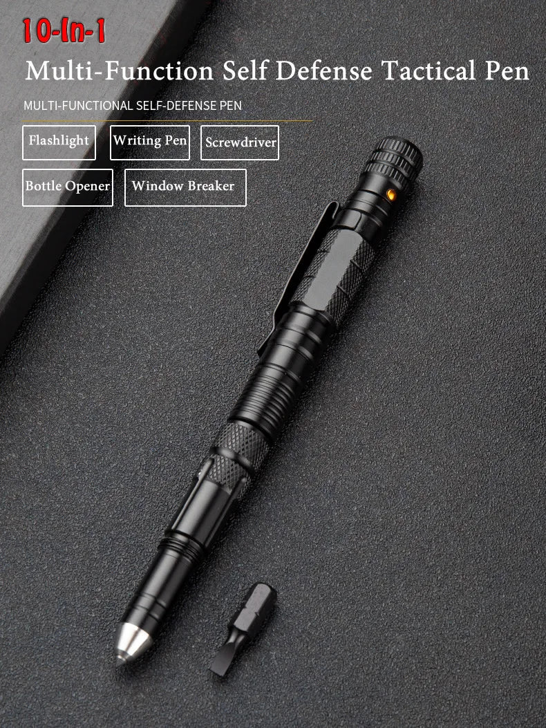 10-In-1 Multi Function Tactical Pen Emergency Flashlight Screwdriver Bottle Opener Outdoor Survival Self Defense Rescue EDC Tool