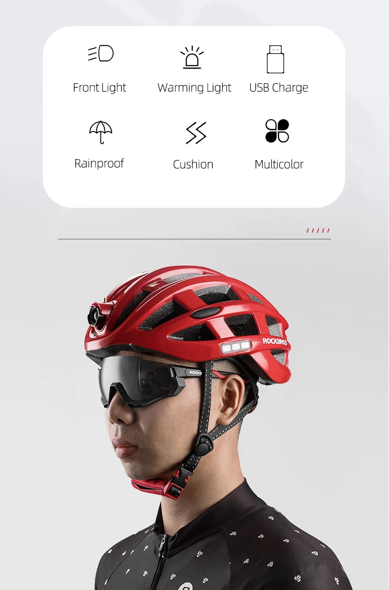 ROCKBROS Bike Headlamp Night Cycling Helmet With Glowing Headlight Warning Light MTB Bicycle Helmet Rechargeable Sport SafetyCap