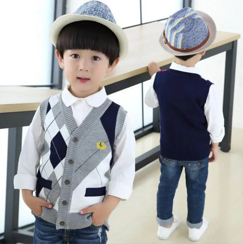 Autumn Spring New Kids Boy Sweater Vest Children Clothing Plaid Stitching Coat Baby Cotton thick top Boys Cardigan Vest