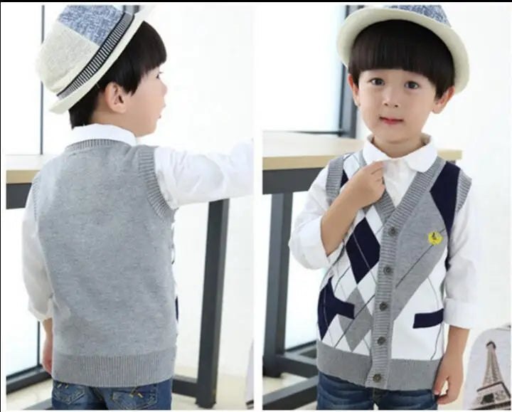 Autumn Spring New Kids Boy Sweater Vest Children Clothing Plaid Stitching Coat Baby Cotton thick top Boys Cardigan Vest