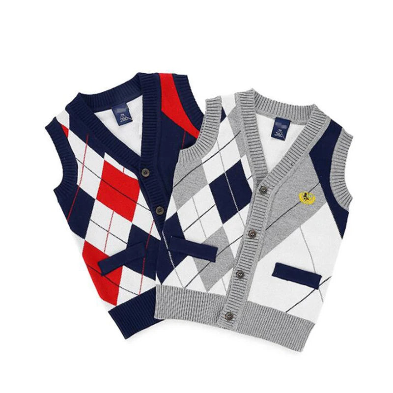 Autumn Spring New Kids Boy Sweater Vest Children Clothing Plaid Stitching Coat Baby Cotton thick top Boys Cardigan Vest