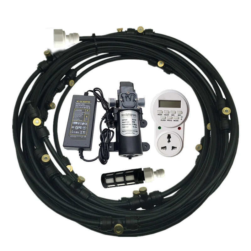 A29 Outdoor Misting Cooling System 12V Water Pump Kit Fog Nozzle For Greenhouse Garden Patio 8M -18M Timer Smart Irrigation Kits