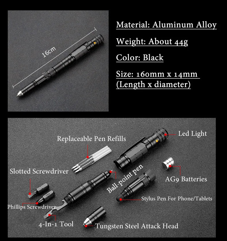 10-In-1 Multi Function Tactical Pen Emergency Flashlight Screwdriver Bottle Opener Outdoor Survival Self Defense Rescue EDC Tool