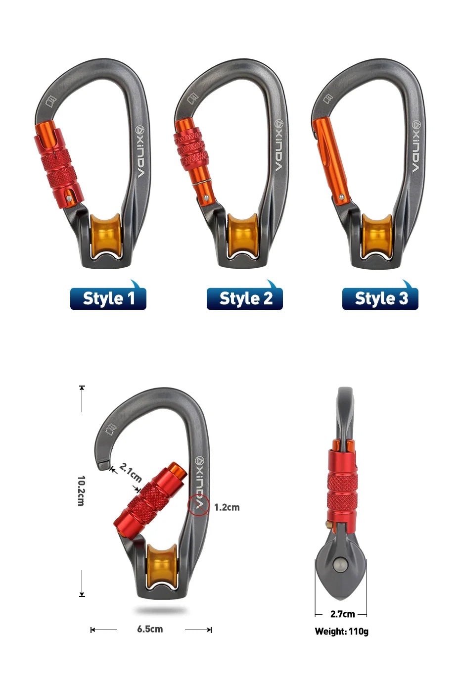 Xinda Outdoor Pulley Carabiner Mountaineering Safety Buckle Lock Cross Strop Equipment Bearing Pulley Hook