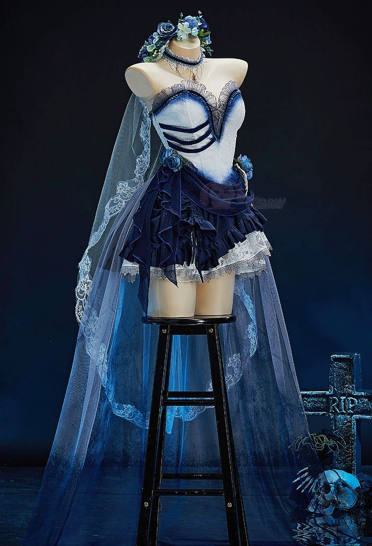 Zombie Bride Cosplay Costume Blue Ombre Gothic Victorian Lace Dress Halloween Anime Game Role Playing Outfit For Women Men