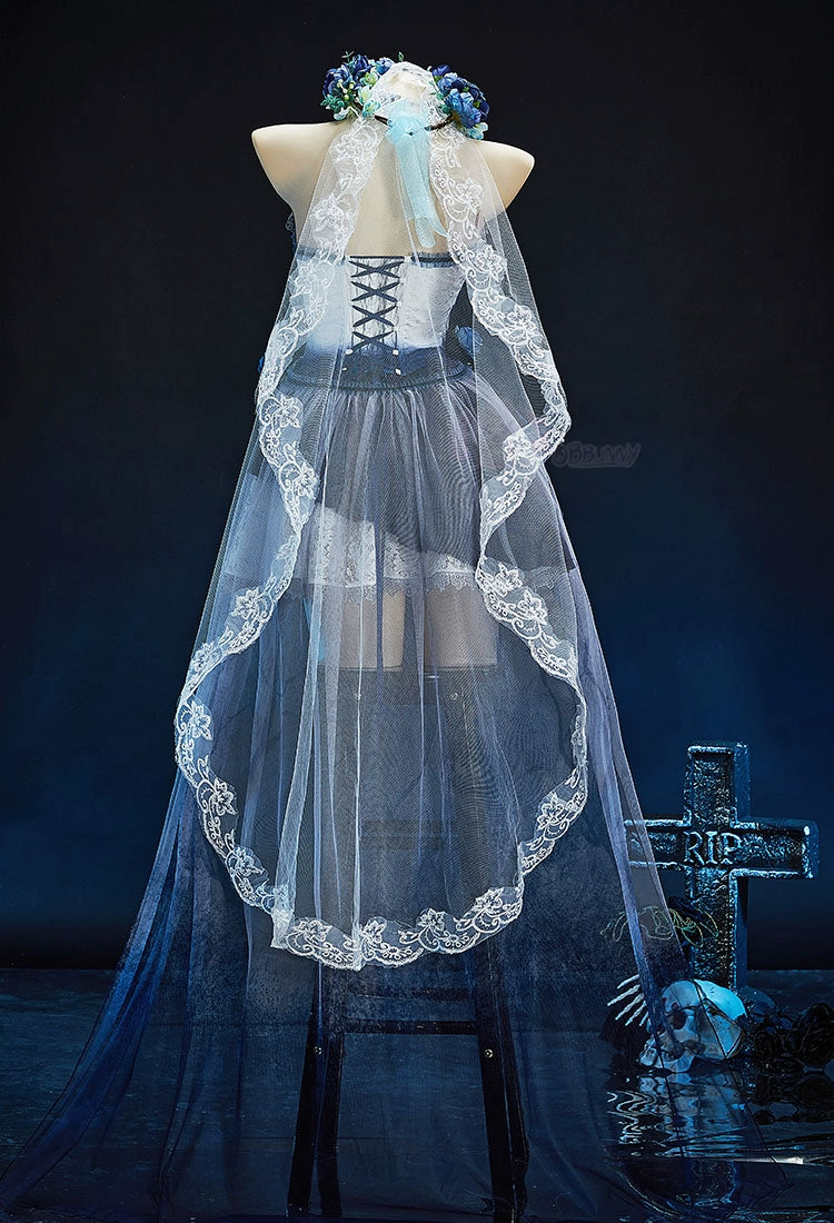 Zombie Bride Cosplay Costume Blue Ombre Gothic Victorian Lace Dress Halloween Anime Game Role Playing Outfit For Women Men