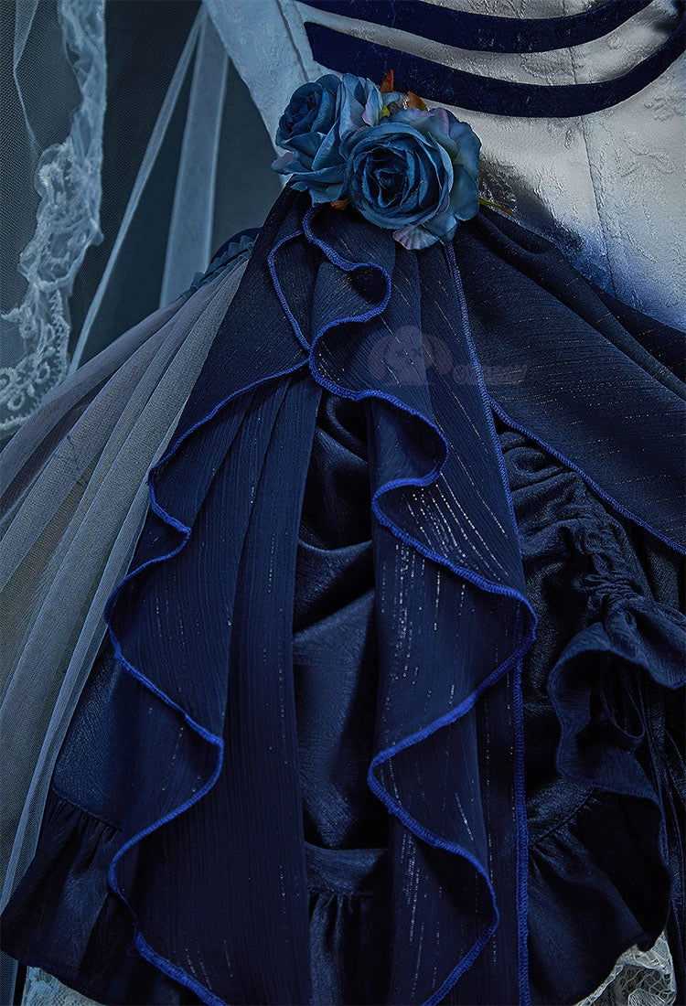 Zombie Bride Cosplay Costume Blue Ombre Gothic Victorian Lace Dress Halloween Anime Game Role Playing Outfit For Women Men