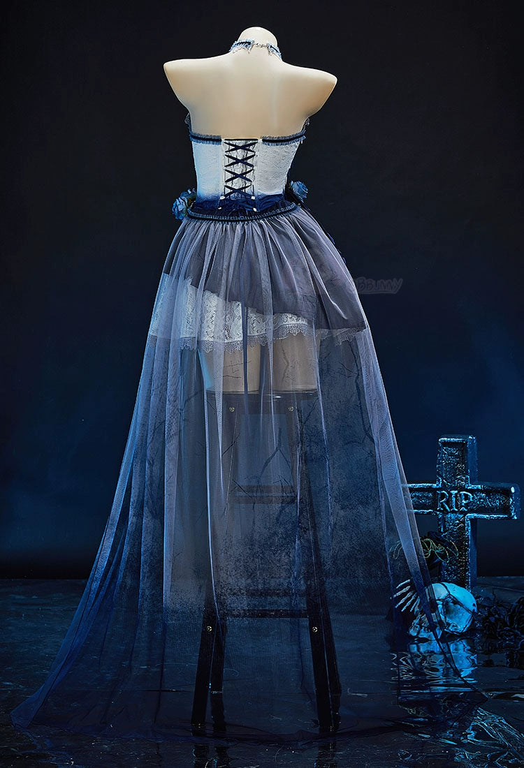 Zombie Bride Cosplay Costume Blue Ombre Gothic Victorian Lace Dress Halloween Anime Game Role Playing Outfit For Women Men