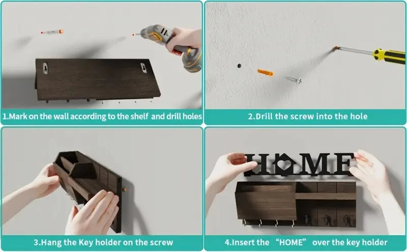 1pc Wall Hanging Storage Holder Wooden Wall Mounted Storage Rack with 7 Hooks Plant Mail Storage Organizer for Home Decor