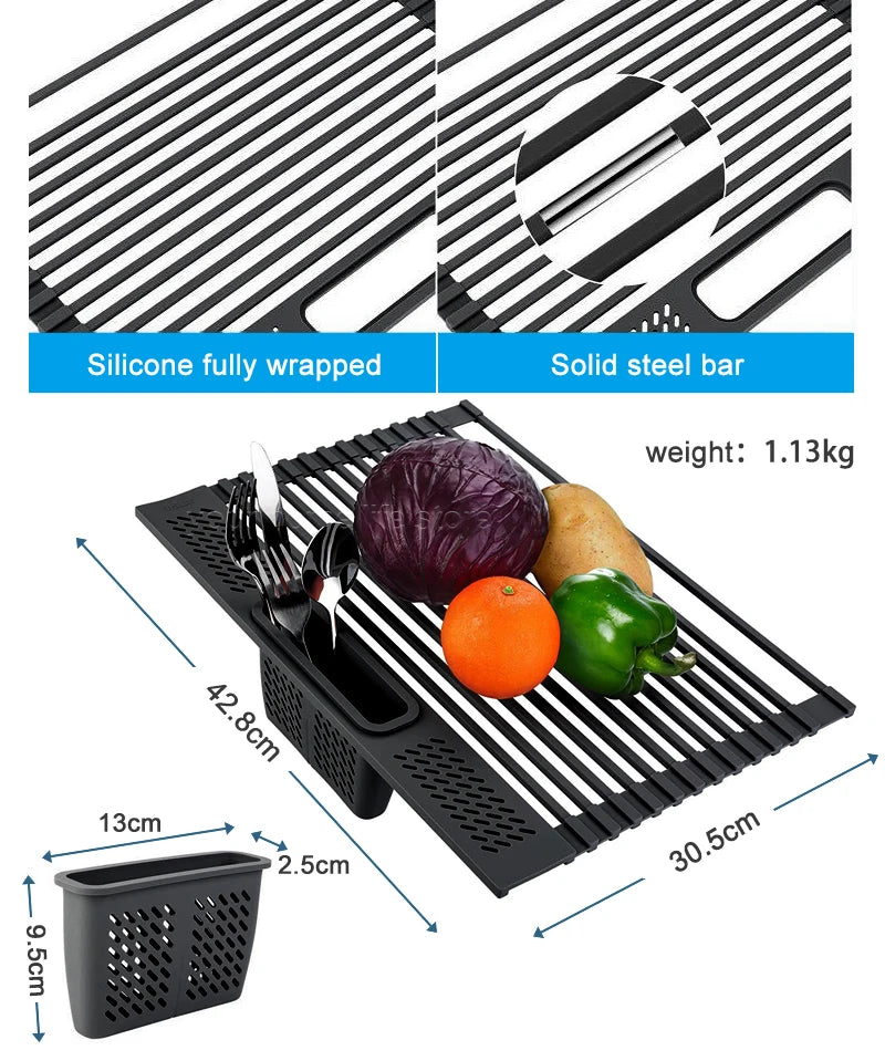 Kitchen Rolling Dish Drainer Roll Up Dish Drying Rack Over The Sink kitchen accessories,storage organization Foldable bowl shelf