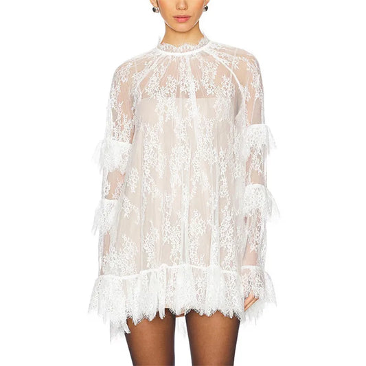 hirigin Women Lace Sheer Dress Sexy See Through Mesh Long Sleeve High Neck Floral Cover Up Cocktail Party Mini Dresses