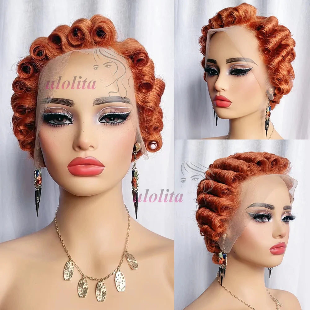 Pixie Cut Wig Short Curly Lace Front Human Hair Wigs For Black Women Raw Indian Finger Wave 13x4 Transparent Lace Frontal Wigs