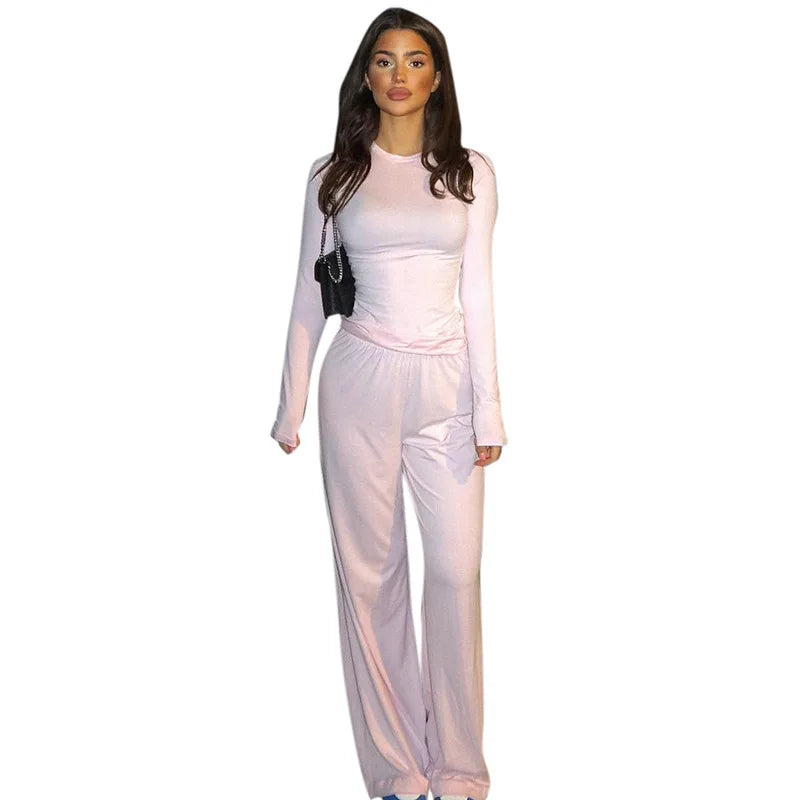 Basic Wide Leg Pants Leisure Suit Women 2025 Spring Solid Long Sleeve Top Casual Loose Trousers 2 Piece Set Hottie Streetwear