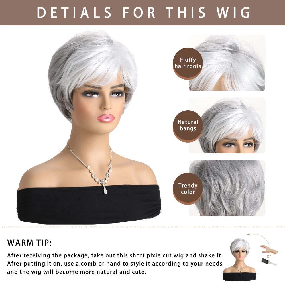 Short Natural Wigs with Bangs Soft Mommy Hair Daily Use Short Grey Ombre Curly Synthetic Hair Costume Party Wig for Women